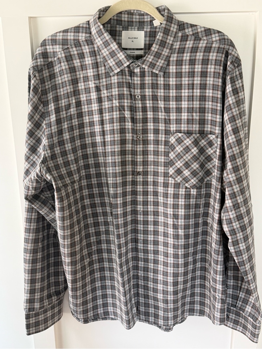 Billy Reid Gray and White Plaid Button-Down Shirt